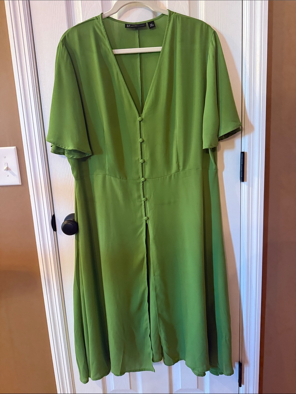 New York & Company Green V-Neck Button-Front Women's Tunic Duster